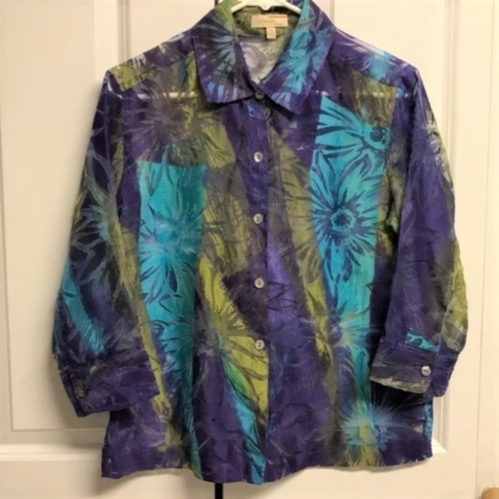 Choices Multi Color Bold Floral Print Rayon Linen Blend Mid Sleeve Top Size PM